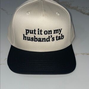 Put it on my husband tab Cream and Black SnapBack hat